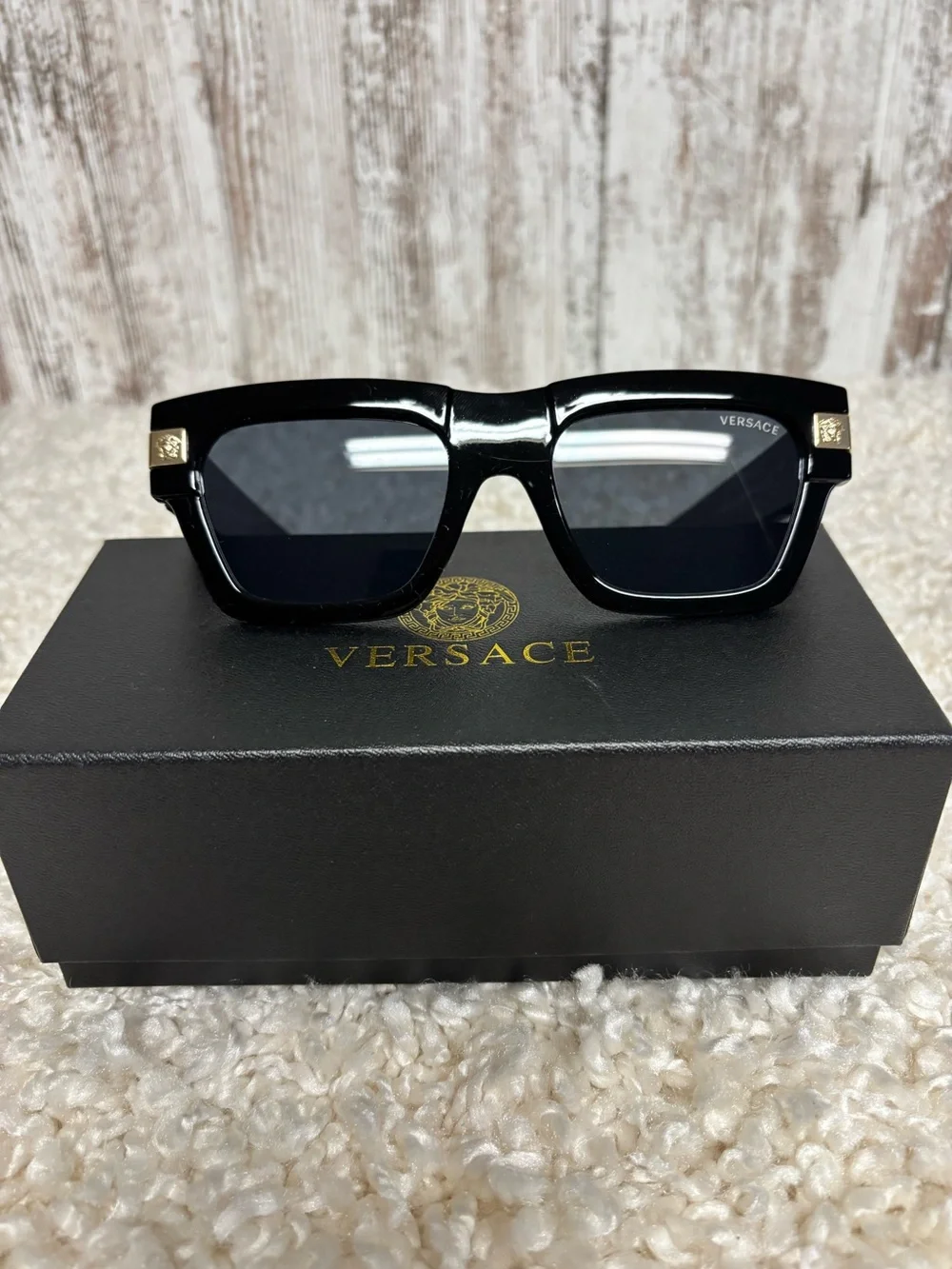 Versace Glossy Black Square Sunglasses with Gold Hardware